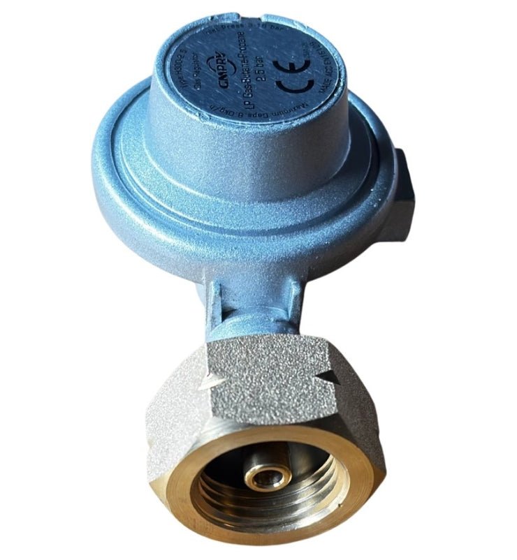 Blauwe LP-gasregelaar met zichtbare CE-keurmerk en metalen aansluitingen, geschikt voor professionele gasinstallaties. Type H300-2.5 voor butaan-propane, met drukregeling tot 2,5 bar.