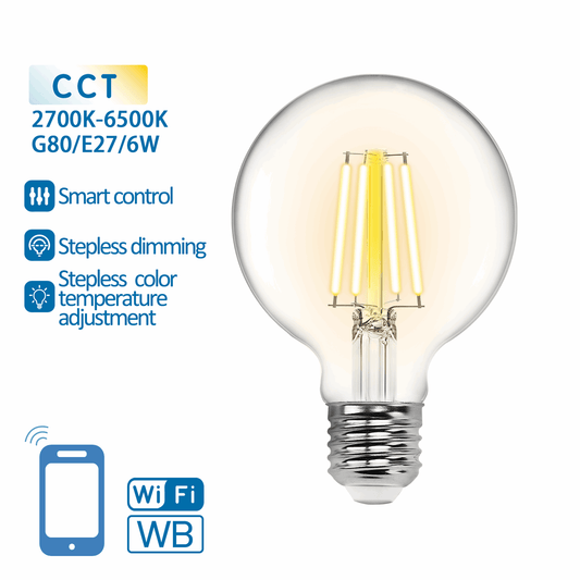 Een moderne, transparante LED-lamp met filamentverlichting en zilverkleurige E27-schroefdraad, geschikt voor slimme huishoudelijke verlichting en app-gecontroleerde belichting.