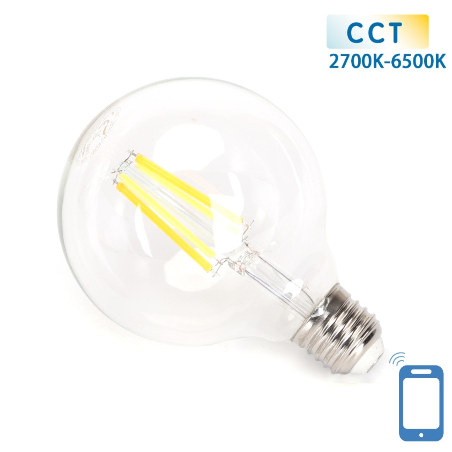Een glazen, klassieke LED-lamp met zichtbare gele filamenten en een zilverkleurige E27-schroefdraad. Geschikt voor slimme verlichting via app, met kleurtemperatuur van 2700K tot 6500K.