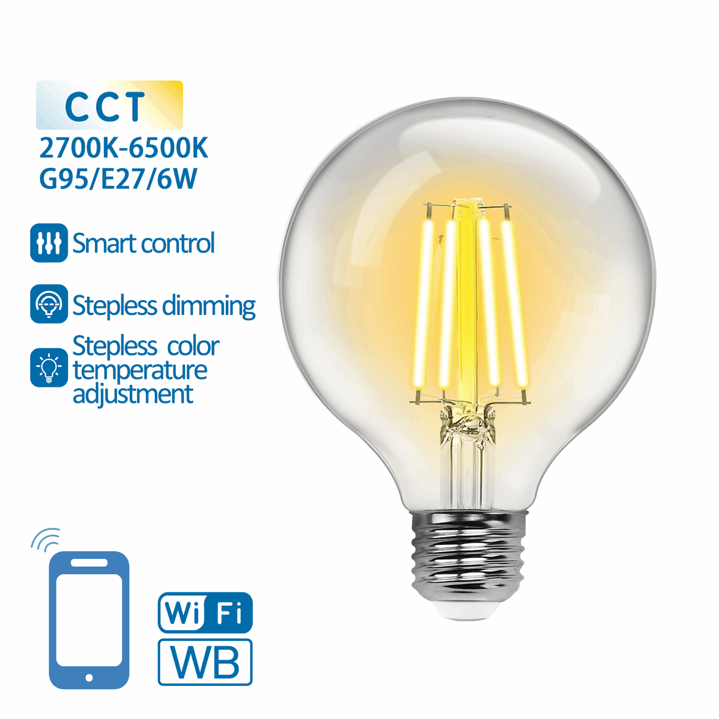 Een glazen, klassieke LED-lamp met zichtbare gele filamenten en zilverkleurige E27-schroefdraad. Geschikt voor slimme huisautomatisering via smartphone-app, met kleurtemperatuur van 2700K tot 6500K.