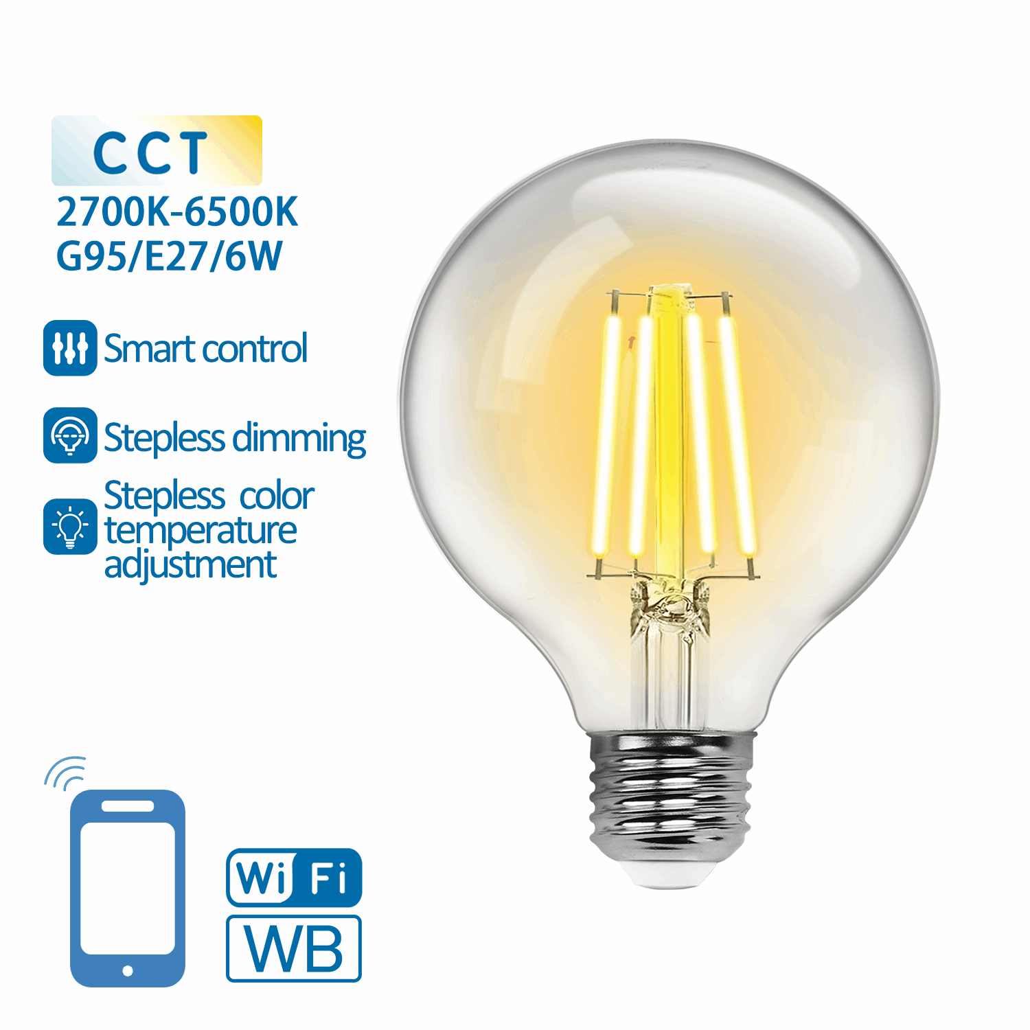 Een glazen, klassieke LED-lamp met zichtbare gele filamenten en zilverkleurige E27-schroefdraad. Geschikt voor slimme huisautomatisering via smartphone-app, met kleurtemperatuur van 2700K tot 6500K.