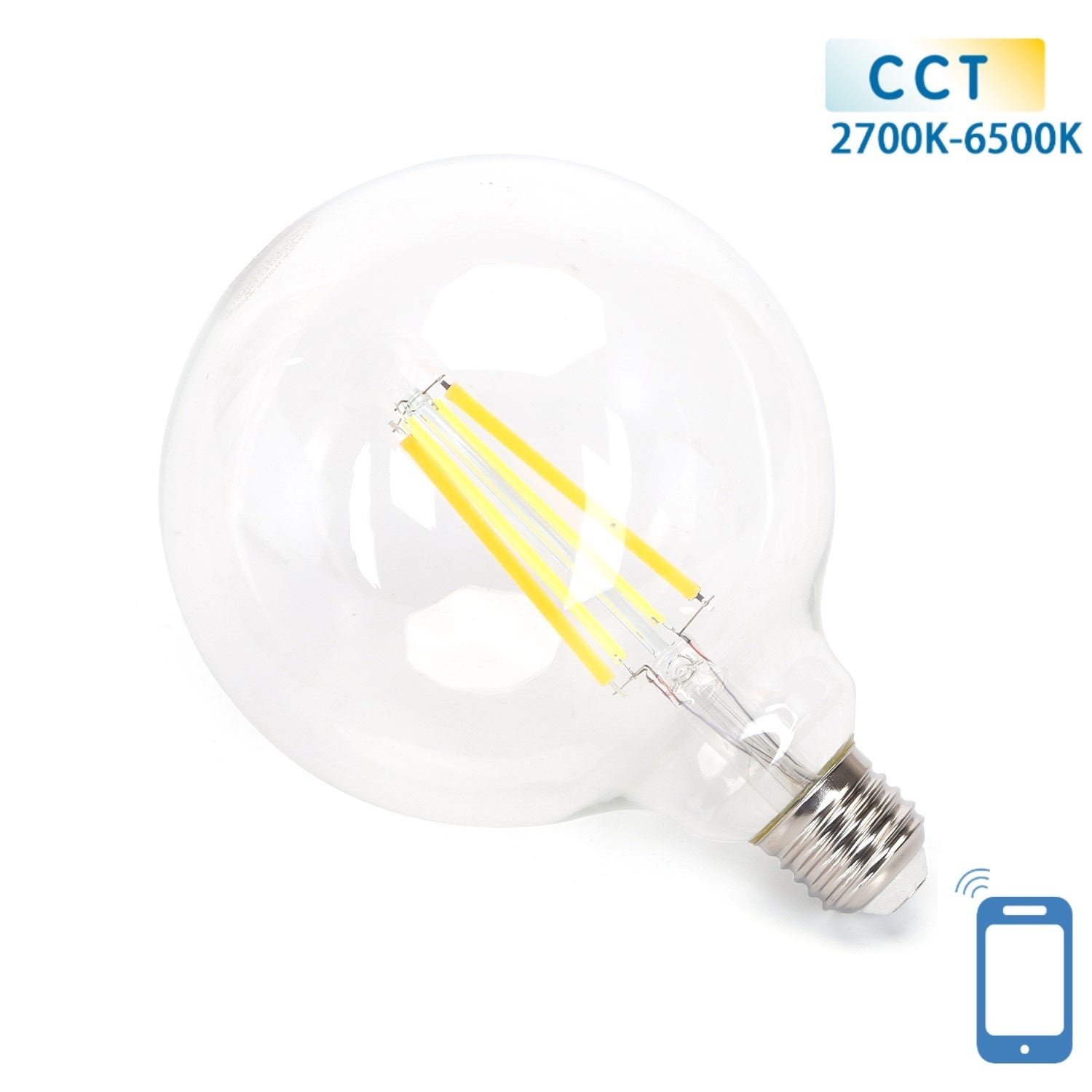 Een glazen, bolvormige LED-lamp met gele filamenten en zilverkleurige E27-schroefdraad, geschikt voor smart home-apps en verlichting met aanpasbare kleurtemperatuur van 2700K tot 6500K.