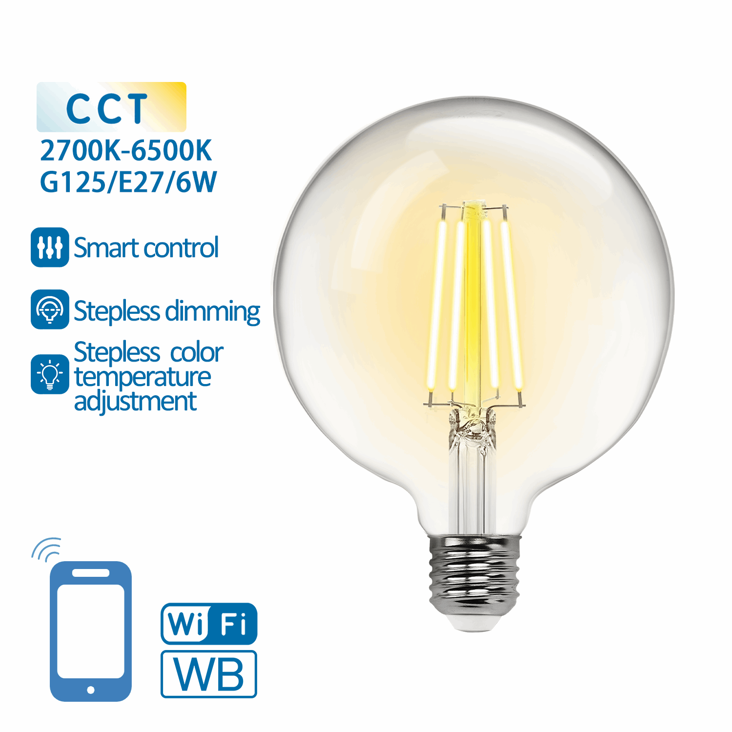 Een glazen, bolvormige LED-lamp met zichtbare gele filamenten en een zilverkleurige E27-schroefdraad. Geschikt voor smart home-apps en verlichting met aanpasbare kleurtemperatuur van 2700K tot 6500K.