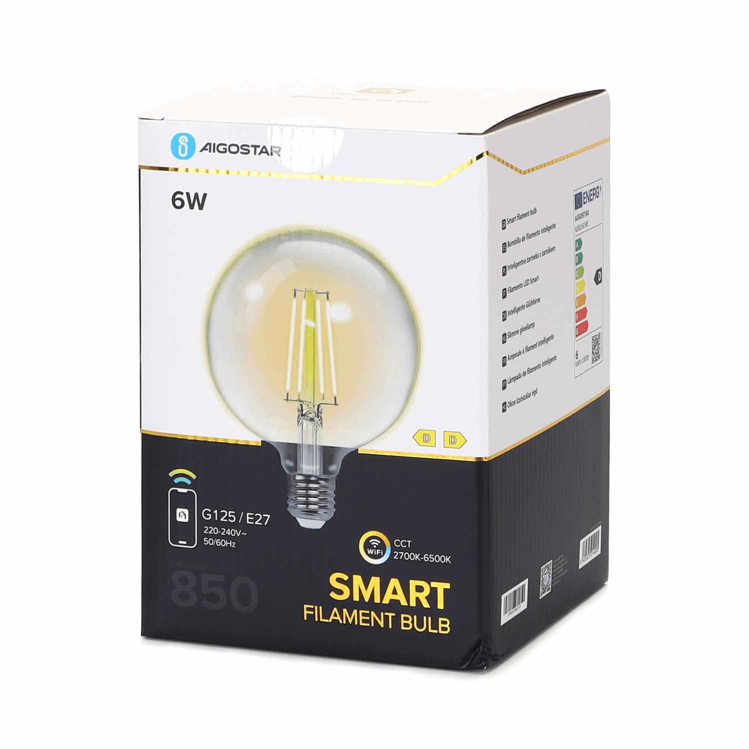 Een glazen, bolvormige LED-lamp met zichtbare gele filamenten en een zilverkleurige E27-schroefdraad. Geschikt voor smart home-gebruik met app-afstandsbediening en kleurtemperatuur van 2700K tot 6500K.