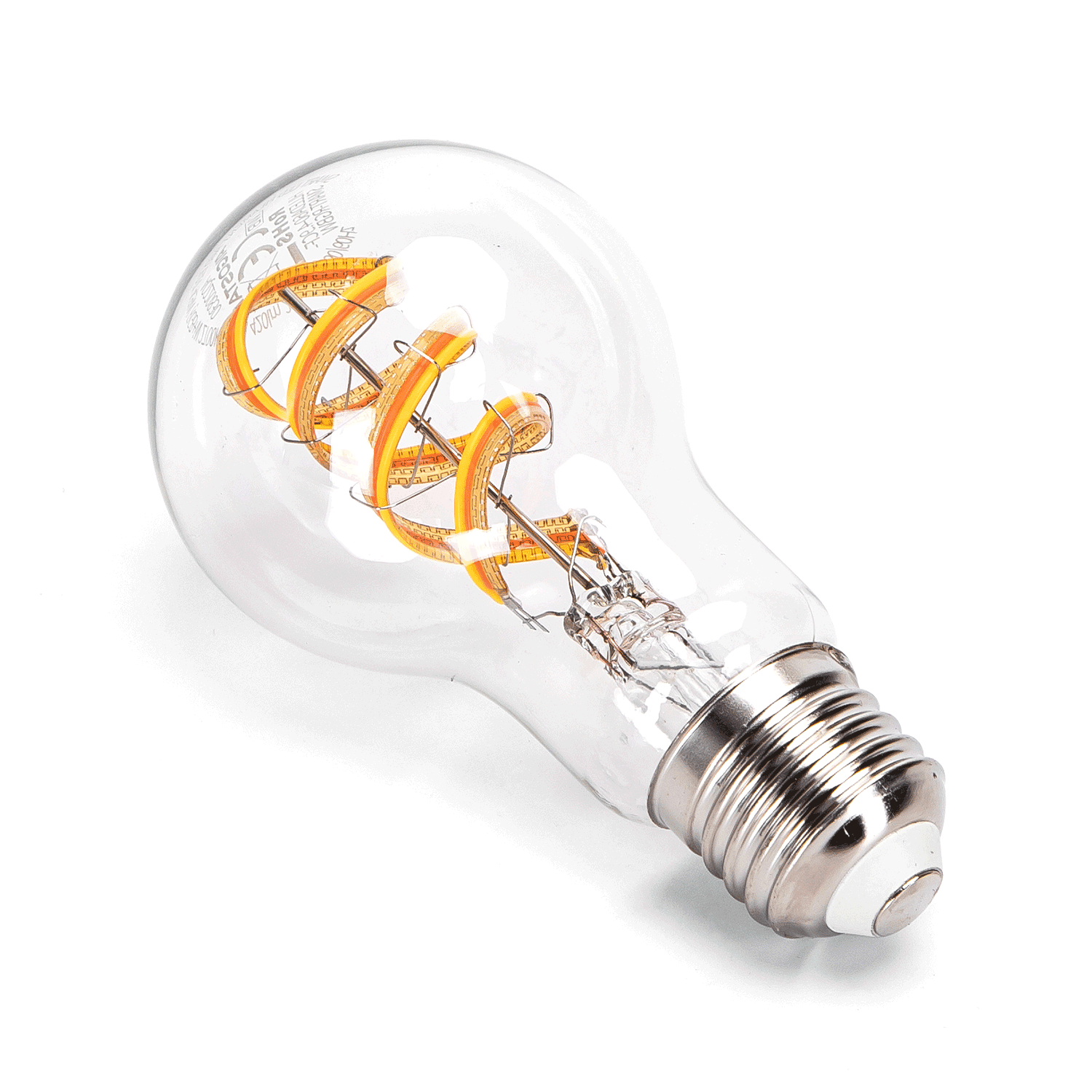 Een moderne, kleurrijke LED-lamp met een spiraalvormige gele draad en een glazen kap die een regenboogkleurige gloed uitstraalt, geschikt voor sfeerverlichting in woon- en commerciële ruimtes.