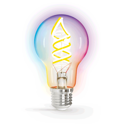 Een moderne, kleurrijke LED-lamp met een goudgele spiraalvormige filament en een glazen kap die een regenboog van blauw, paars en rood uitstraalt, ideaal voor sfeerverlichting in woon- en decoratieruimtes.