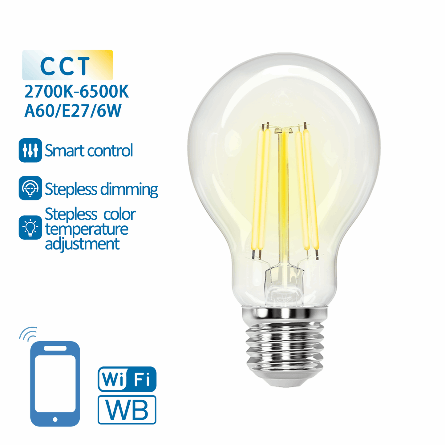 Een glazen LED-lamp met zichtbare gele filamenten en zilverkleurige E27-schroefdraad, geschikt voor slimme verlichting. Kleurtemperatuur 2700K-6500K voor flexibele sfeer in woon- en werkomgevingen.