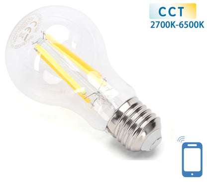 Een moderne LED-lamp met glazen kap en zichtbare gele filamenten, voorzien van een zilverkleurige E27-schroefdraad. Geschikt voor slimme huisautomatisering via app, met kleurtemperatuur van 2700K tot 6500K.