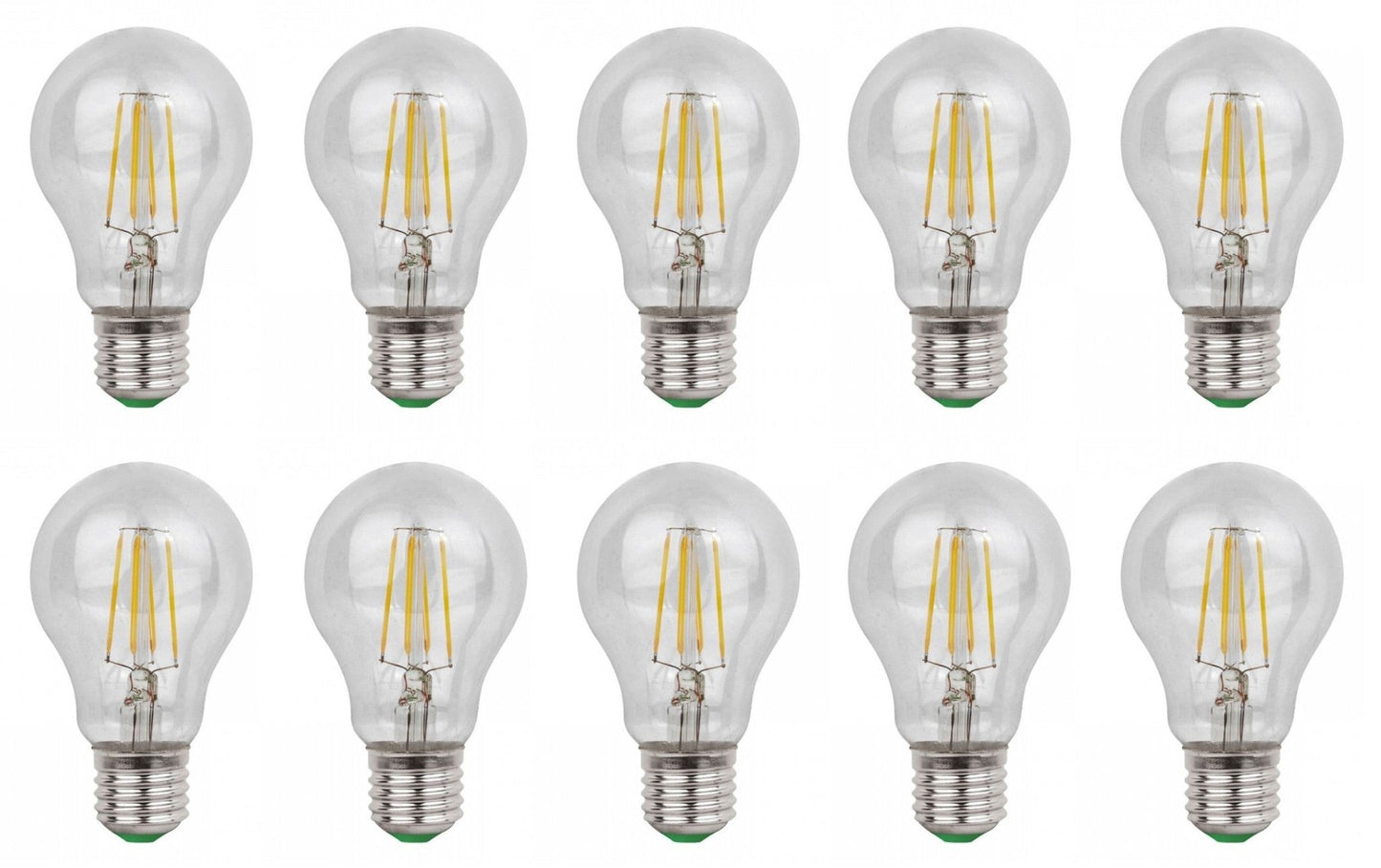 Zes glazen LED-lampen met zichtbare filamenten en zilverkleurige E27-schroefdraad, geplaatst op witte achtergrond. Perfect voor energiezuinige verlichting in huishoudens en kantoren.