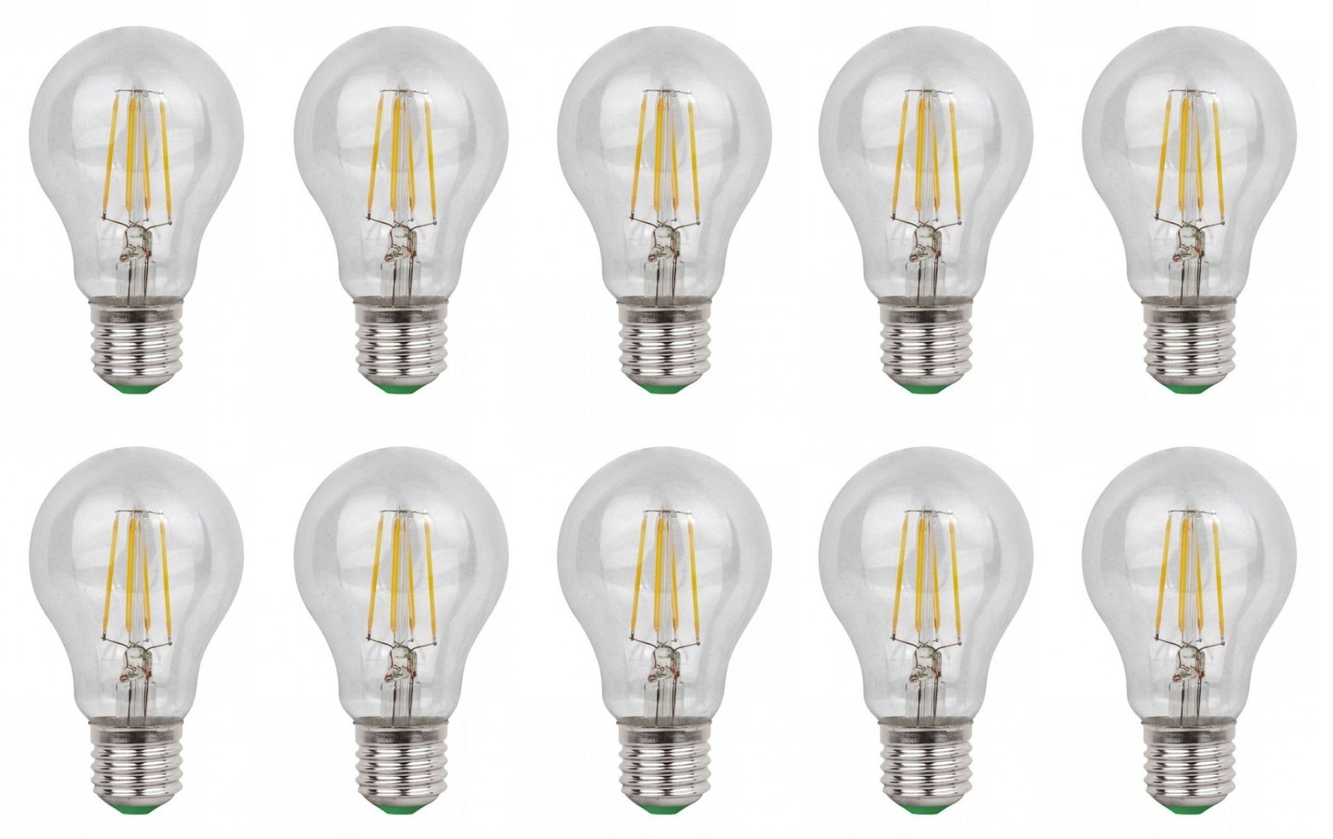Zes glazen LED-lampen met zichtbare filamenten en zilverkleurige E27-schroefdraad, geplaatst op witte achtergrond. Perfect voor energiezuinige verlichting in huishoudens en kantoren.
