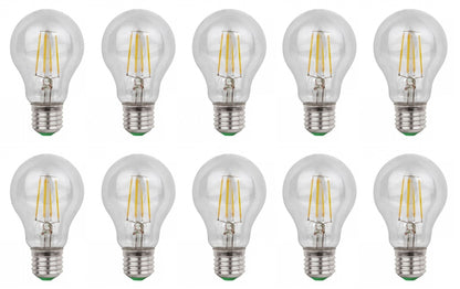 Zes glazen LED-lampen met zichtbare filamenten en zilverkleurige E27-schroefdraad, geplaatst op witte achtergrond. Perfect voor energiezuinige verlichting in huishoudens en kantoren.