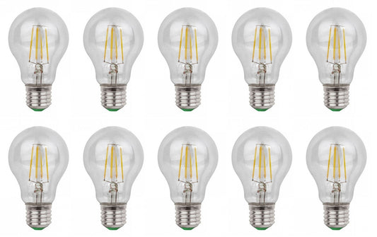 Zes glazen LED-lampen met zichtbare filamenten en zilverkleurige E27-schroefdraad, geplaatst op witte achtergrond. Perfect voor energiezuinige verlichting in huishoudens en kantoren.