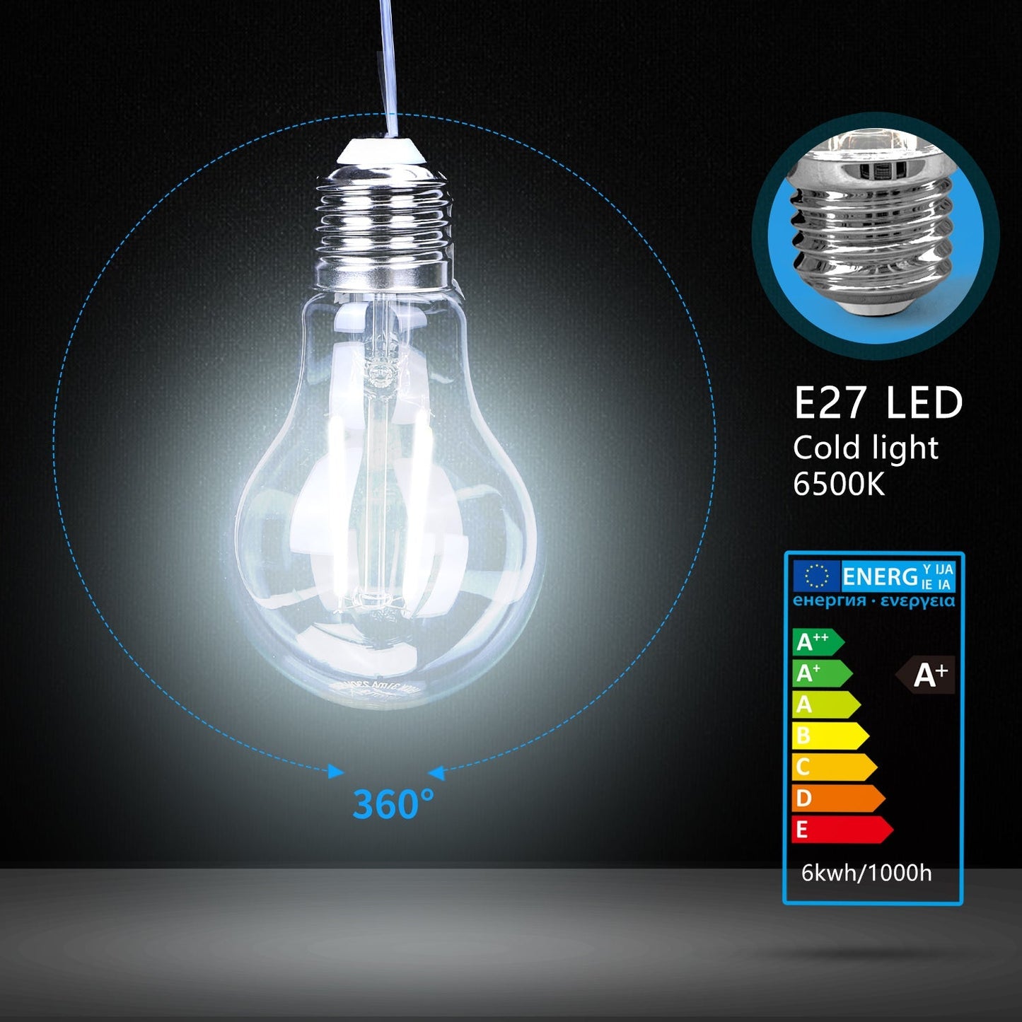 Zes glazen LED-lampen met zichtbare filamenten en zilverkleurige E27-schroefdraad, geïnspireerd op klassieke gloeilampen, geschikt voor moderne verlichting in woon- en werkomgevingen.