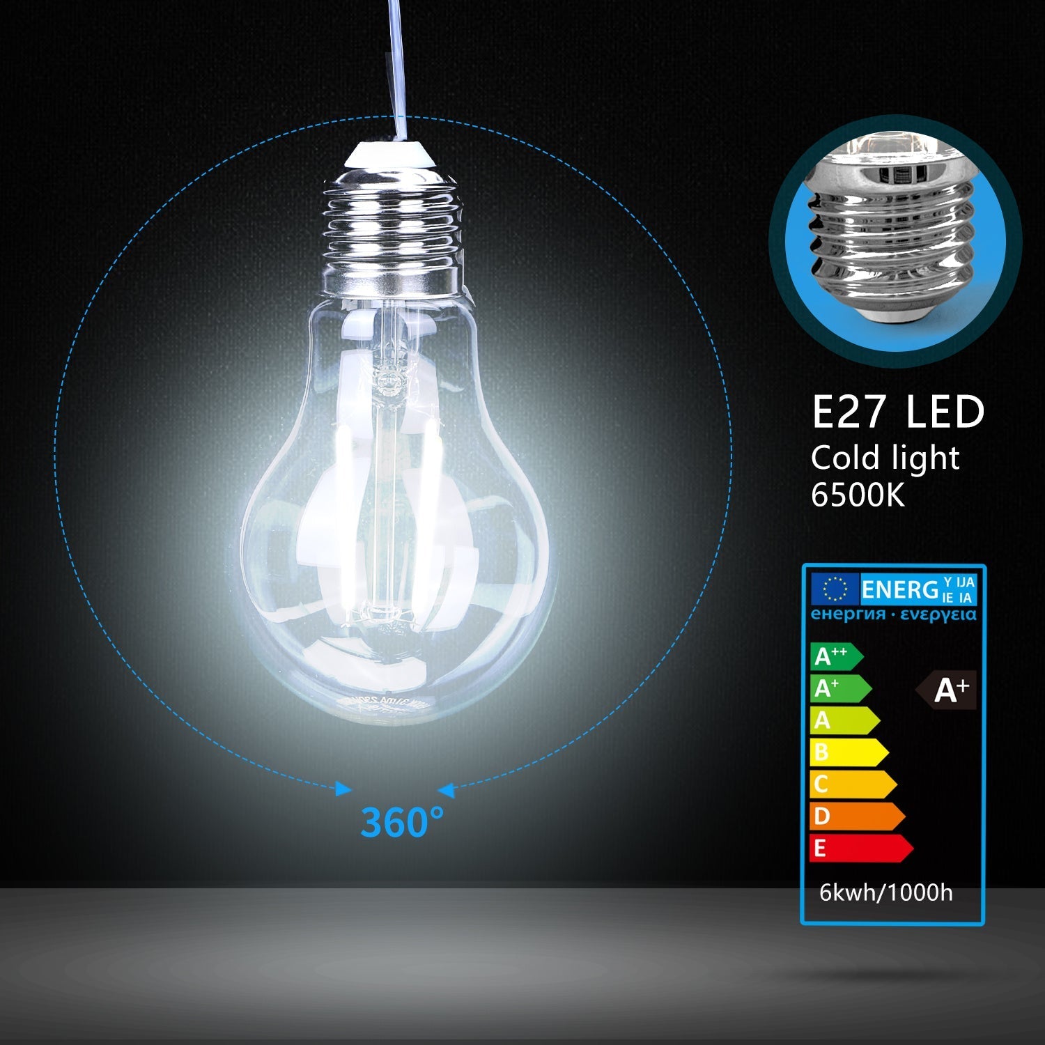 Zes glazen LED-lampen met zichtbare filamenten en zilverkleurige E27-schroefdraad, geïnspireerd op klassieke gloeilampen, geschikt voor moderne verlichting in woon- en werkomgevingen.