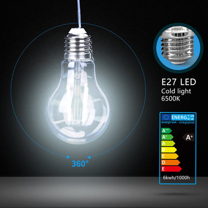 Zes glazen LED-lampen met zichtbare filamenten en zilverkleurige E27-schroefdraad, geïnspireerd op klassieke gloeilampen, geschikt voor moderne verlichting in woon- en werkomgevingen.