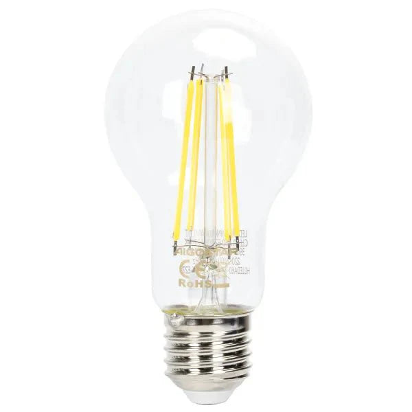 Een klassieke, transparante LED-lamp met goudkleurige filamenten en zilverkleurige E27-schroefdraad. Geschikt voor warme, retroverlichting in woon- en kantoorruimtes.