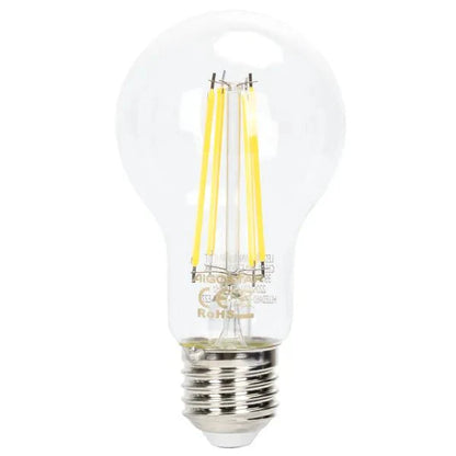 Een klassieke, transparante LED-lamp met goudkleurige filamenten en zilverkleurige E27-schroefdraad. Geschikt voor warme, retroverlichting in woon- en kantoorruimtes.