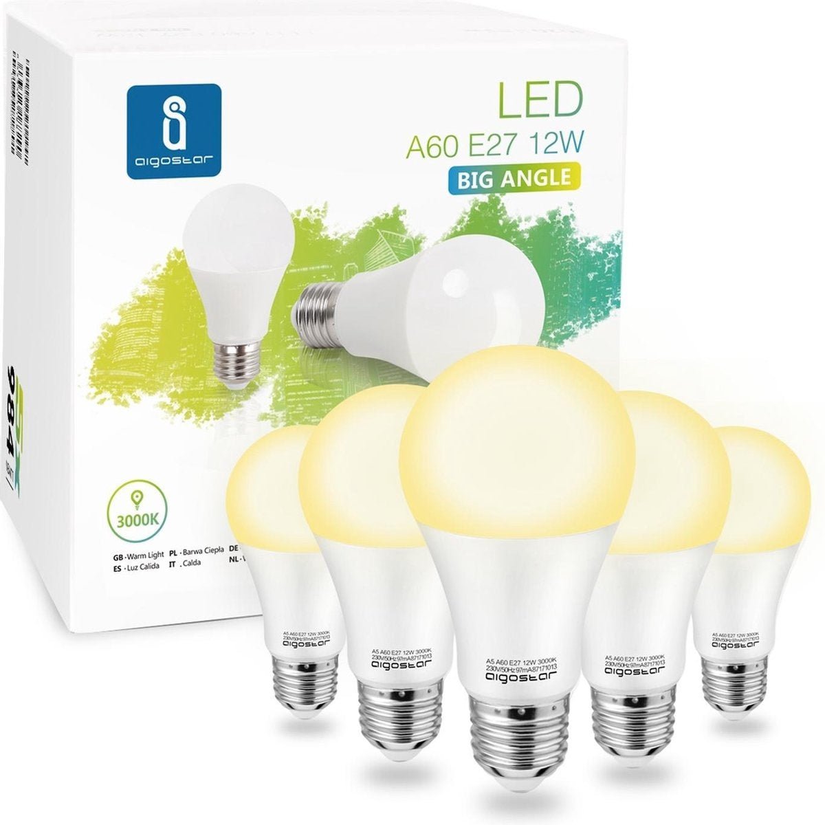 Zes witte LED-lampen met E27-schroefdraad en warm wit licht, voorzien van een brede hoekverlichting, staan voor een witte verpakking met groene accenten. Geschikt voor huishoudelijke verlichting en energiebesparing.