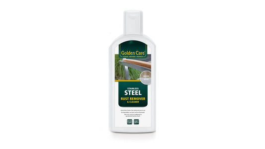 Golden Care roestverwijderaar voor roestvrij staal, witte fles met groen label en 'before-after' afbeelding, geschikt voor zowel binnen- als buitengebruik.