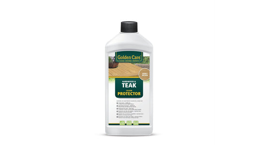 Golden Care Hardwood & Teak Kleurverzorgingsmiddel in honingbruin, witte fles met zwart dopje, geschikt voor buitenhout en teakhout, met UV- en waterbestendige bescherming.