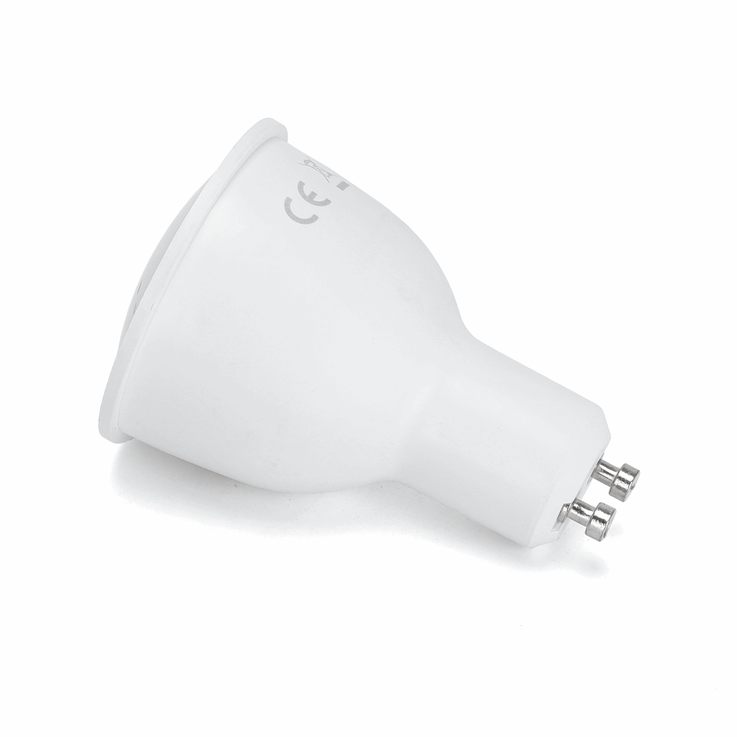 Een witte GU10-LED-lamp met warm wit licht, uitgerust met CE-keurmerken en een draadloze smartphone-app voor verlichtingscontrole. Ideaal voor smart home-omgevingen en flexibele verlichting.