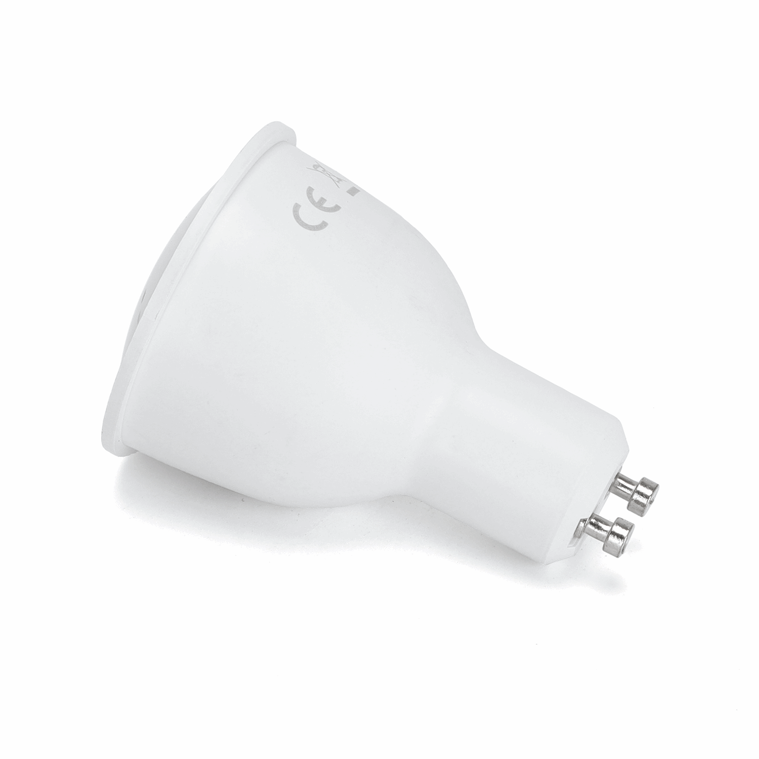 Een witte GU10-LED-lamp met warm wit licht, uitgerust met CE-keurmerken en een draadloze smartphone-app voor verlichtingscontrole. Ideaal voor smart home-omgevingen en flexibele verlichting.