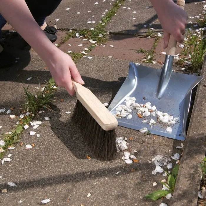 Een houten borstel met een brede, zwarte borstelharenkop, geschikt voor het schoonmaken van vloeren en meubels. Geschikt voor dagelijks gebruik in huishoudelijk of professioneel onderhoud.