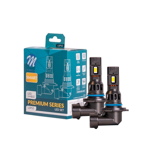 Zwart LED-autoverlichting met blauwe rubberen ringen en zichtbare gele chip, geschikt voor verlichting van auto’s. Gebruik voor betere nachtvisibiliteit en energiebesparing.