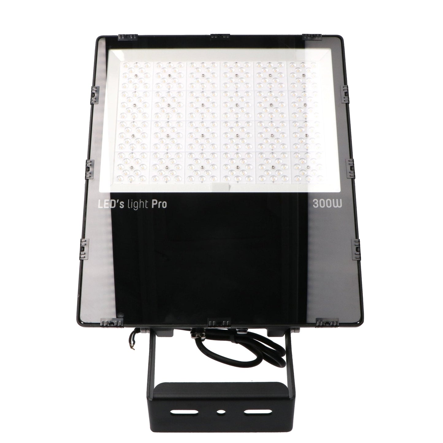 LED’s light Pro 300W spotlamp met zwart metalen behuizing en witte LED-arrays, geschikt voor buitenverlichting en industriële toepassingen.