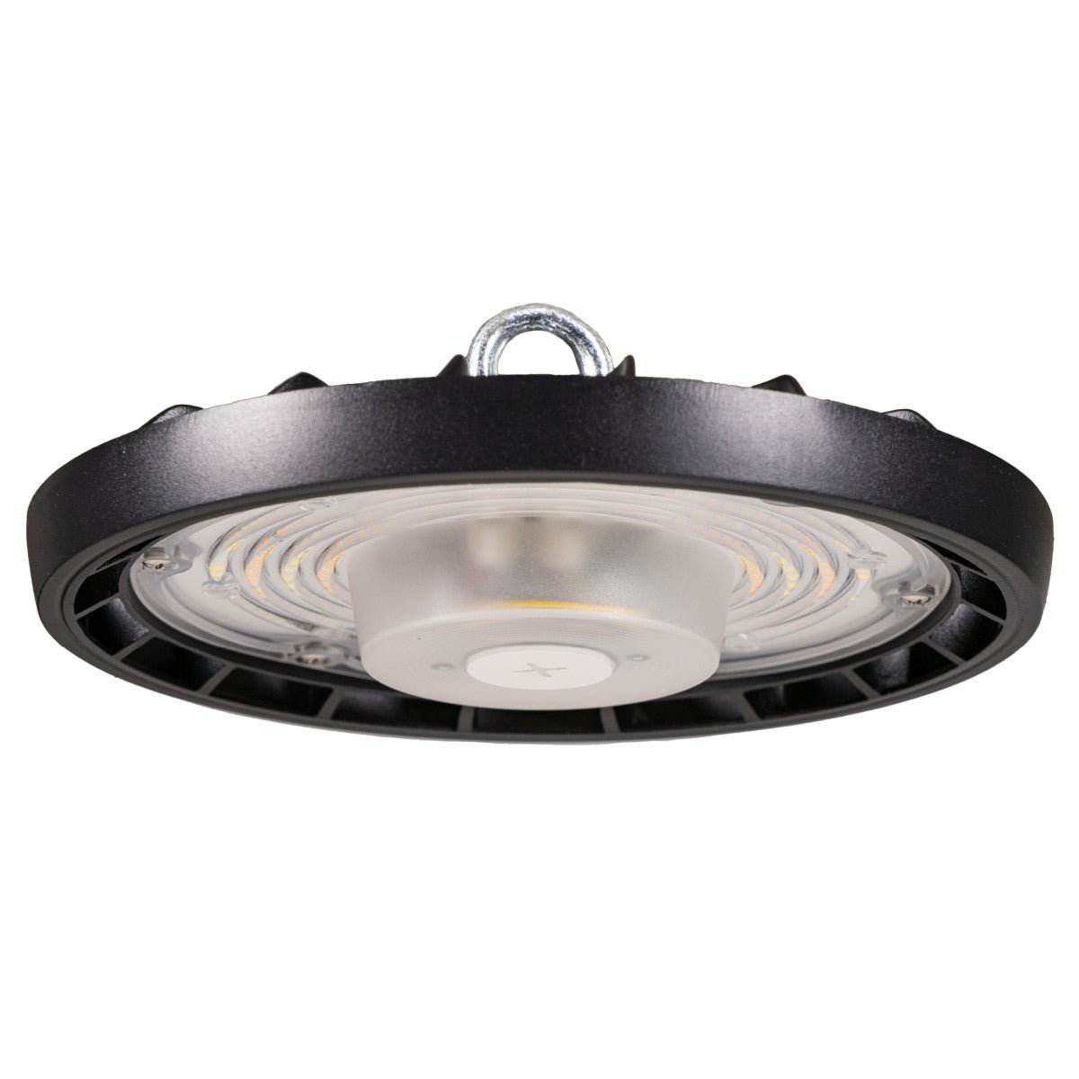 Zwarte LED-plafondlamp met warme en koude witte kleurtemperatuur, geschikt voor binnen- en buitenruimtes. Toont de interne LED-modules en de schakelbare powerselectie voor energiezuinig gebruik.