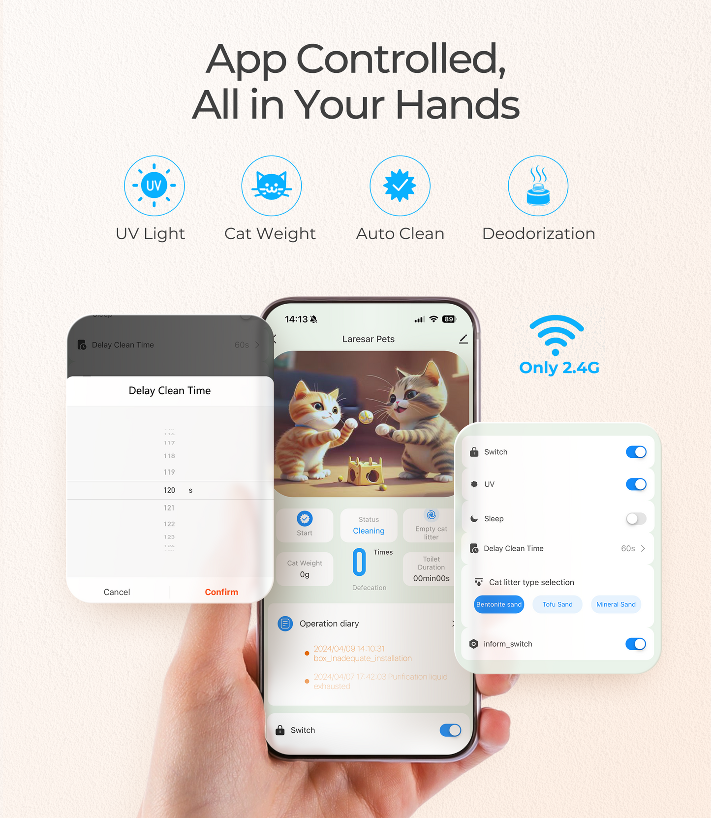 Een witte, moderne automatische katentuig met een zittende, witte kat met blauwe ogen. Het apparaat heeft een grijze rand, een smartphone-app voor controle, en een bijpassende vloermat voor hygiëne.
