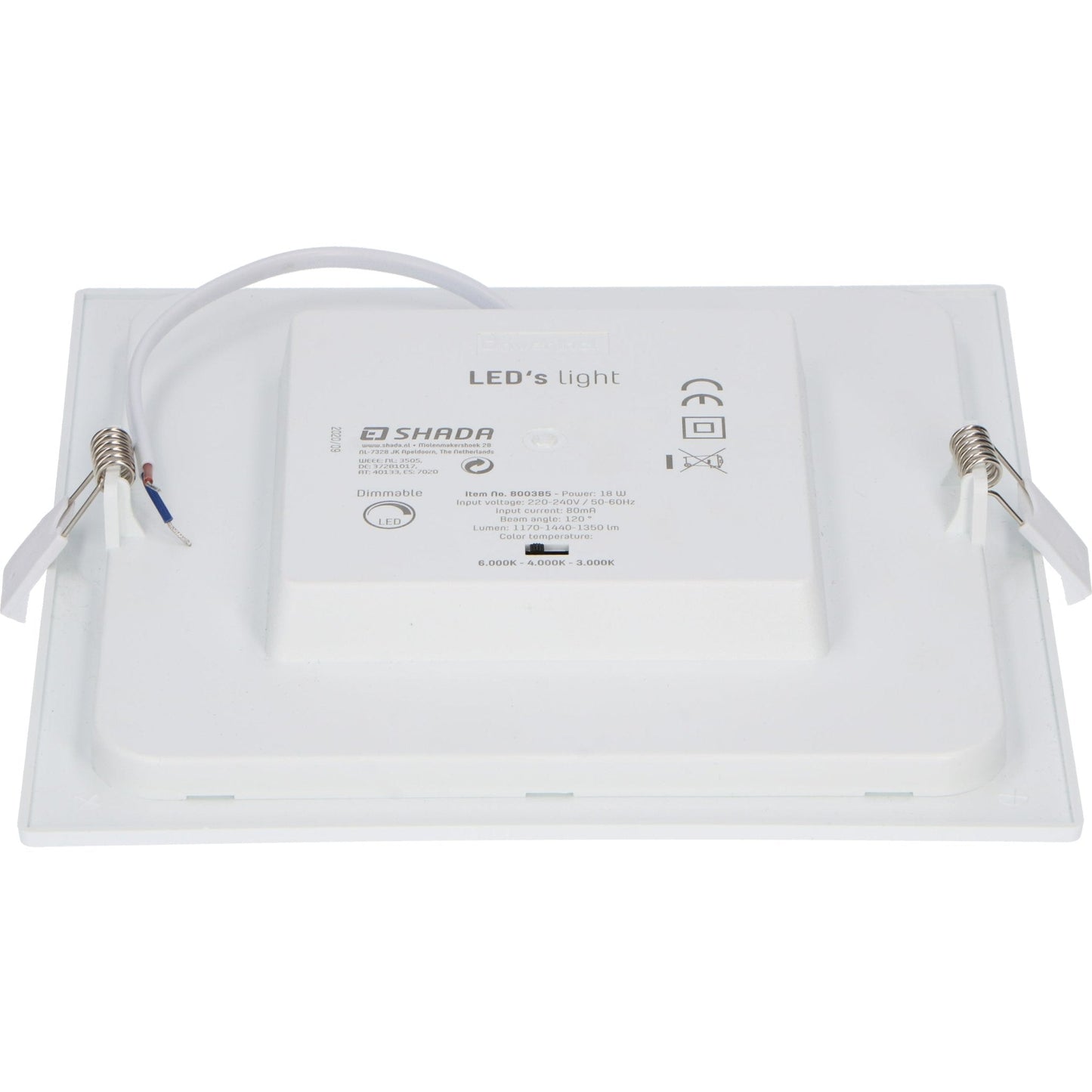 Een witte, vierkante LED-downlight met afneembare kap, geschikt voor zowel oppervlak- als ingebouwde installatie. Perfect voor moderne woon- en werkomgevingen met dimmbaar licht.