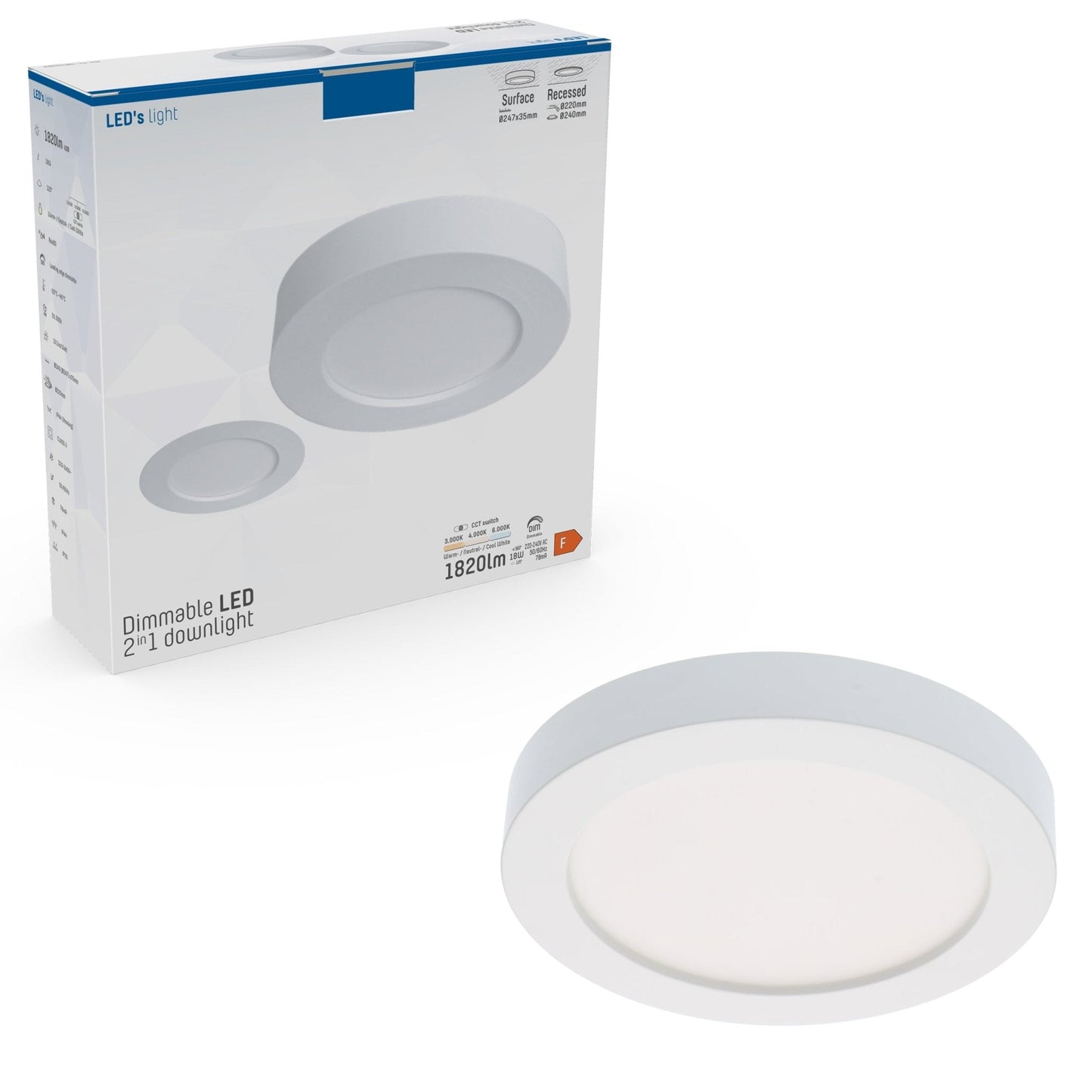 Inbouw/Opbouw LED Plafondlamp Downlight 18W – 1820 lm – Ø240 mm – White | 3000K / 4000K / 6000K