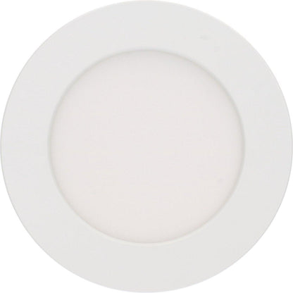 Een witte, ronde LED-downlight met zichtbare zachtgele rand, naast zijn verpakking met technische specificaties. Geschikt voor zowel oppervlakkige als ingebouwde installatie in woon- en kantoorruimtes.
