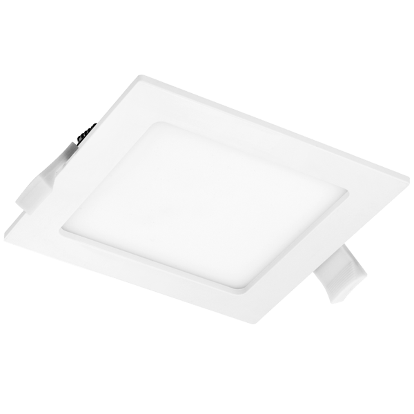 Een witte, vierkante plafondlamp met glad oppervlak en zichtbare montagebeugels, geschikt voor moderne interieurs. Ideaal voor energiezuinig verlichting in woon- en kantoorruimtes.