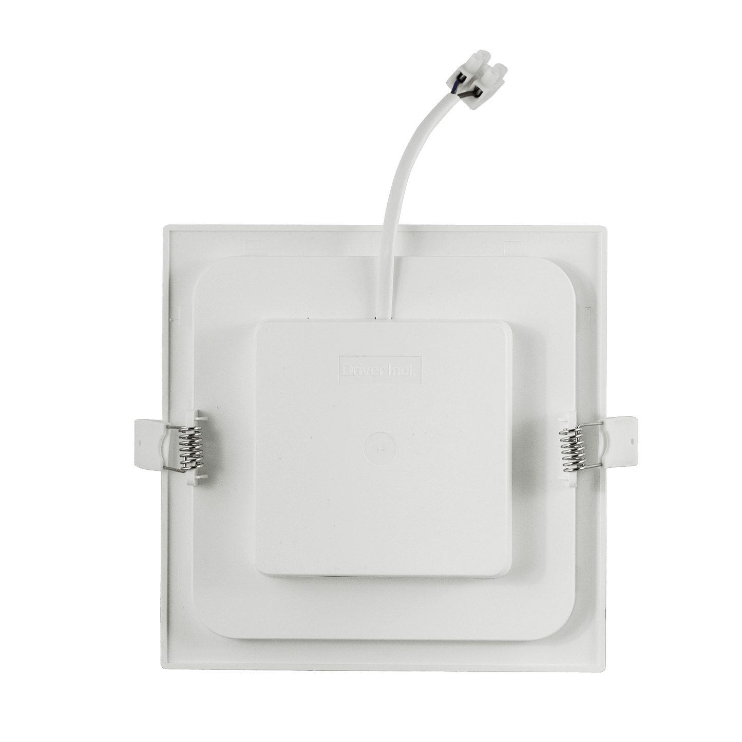 Een witte, vierkante plafondlamp met gladde LED-oppervlakte en zichtbare montagebeugels, geschikt voor moderne interieurs. Ideaal voor energiezuinig verlichting in woon- en kantoorruimtes.