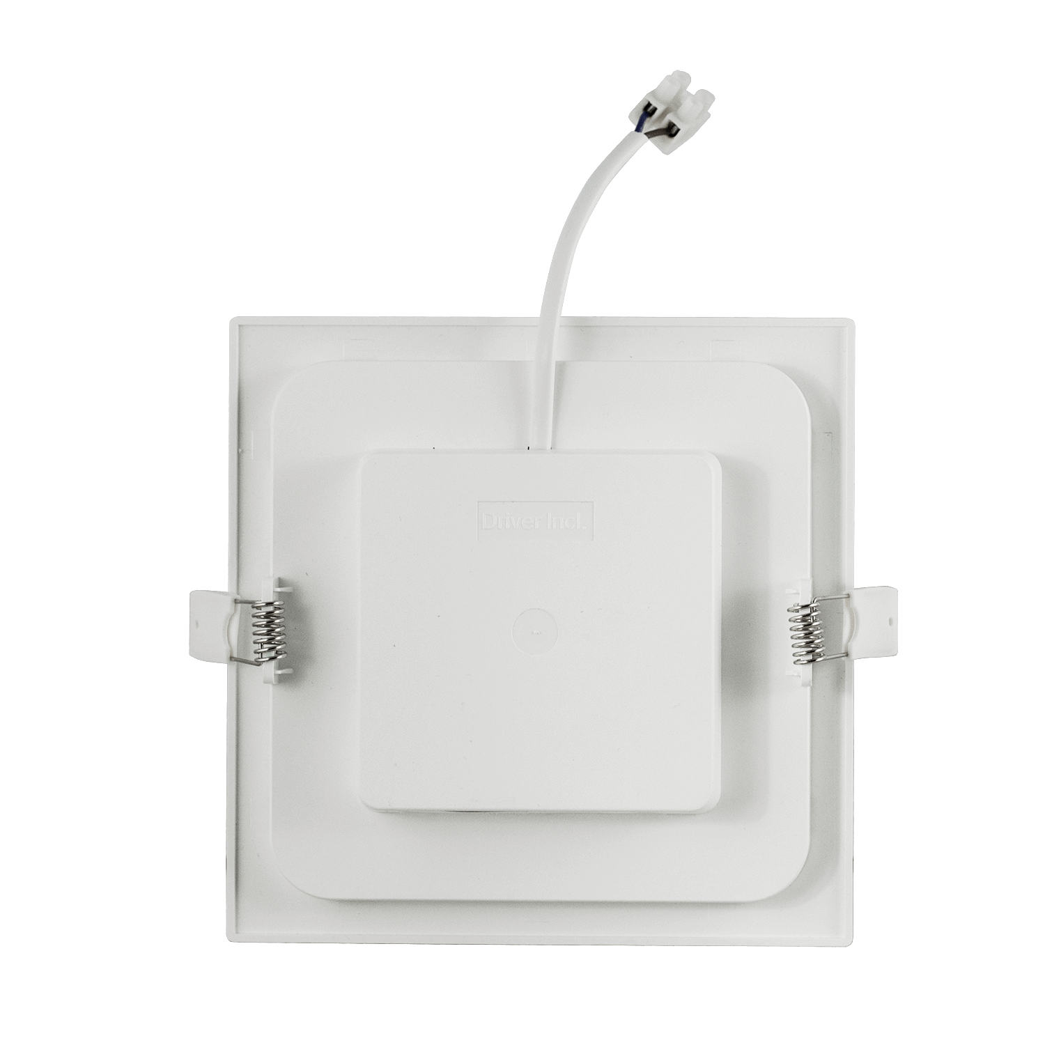 Een witte, vierkante plafondlamp met gladde LED-oppervlakte en zichtbare montagebeugels, geschikt voor moderne interieurs. Ideaal voor energiezuinig verlichting in woon- en kantoorruimtes.