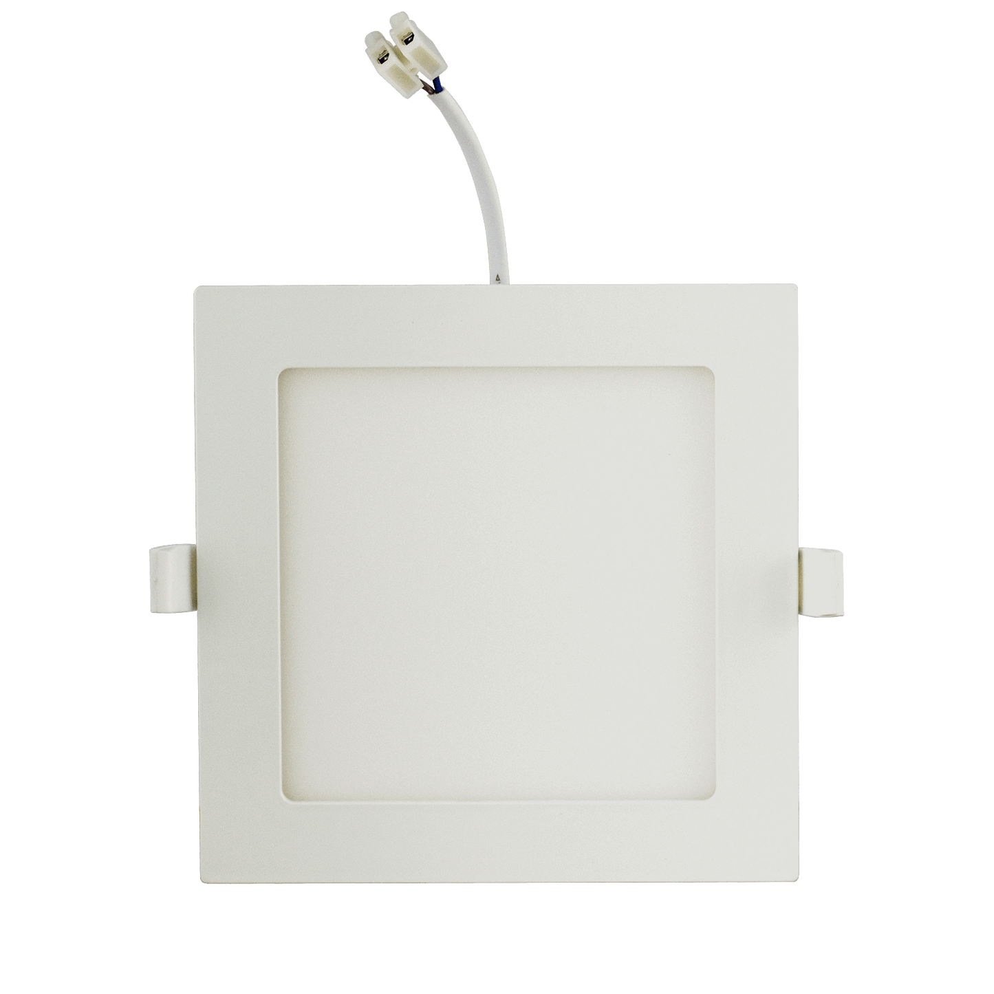 Een witte, vierkante plafondlamp met gladde oppervlakte en zichtbare montagebeugels, geschikt voor moderne interieurs. Ideaal voor energiezuinig verlichting in woon- en kantoorruimtes.