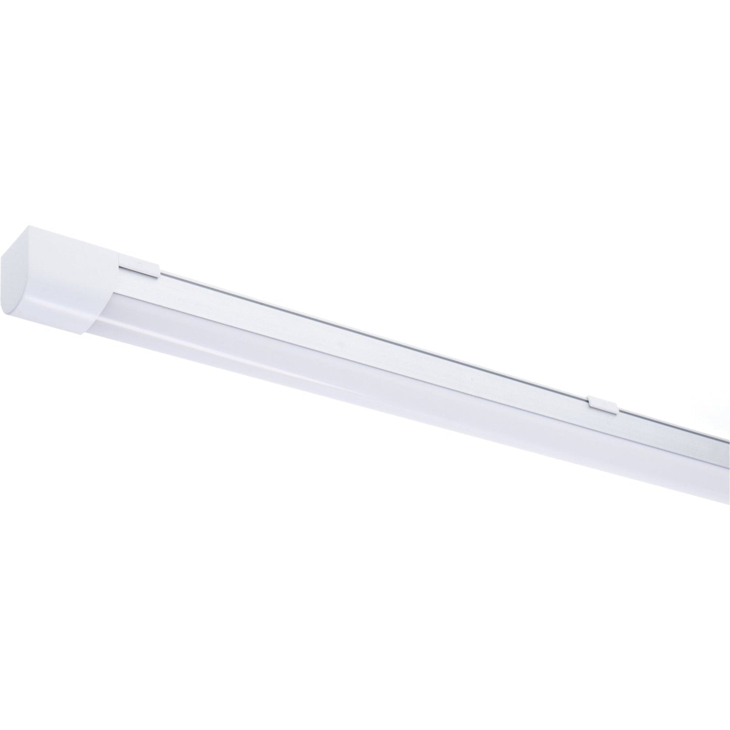 Een witte LED-streepverlichting met glanzend oppervlak en een goudkleurige verpakking, geschikt voor moderne interieurs en kantoorruimtes.