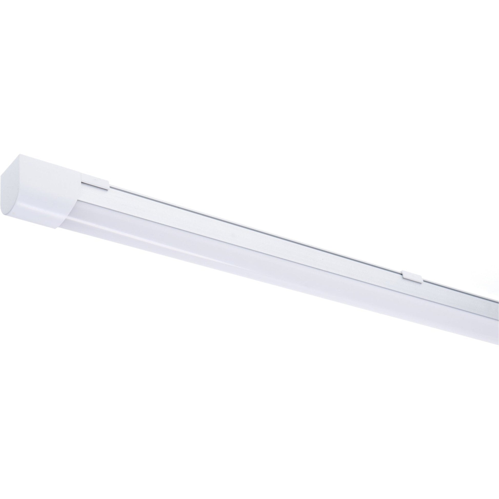 Een witte LED-streepverlichting met glanzend oppervlak en een goudkleurige verpakking, geschikt voor moderne interieurs en kantoorruimtes.