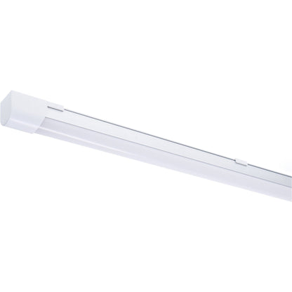 Een witte LED-streepverlichting met glanzend oppervlak en een goudkleurige verpakking, geschikt voor moderne interieurs en kantoorruimtes.