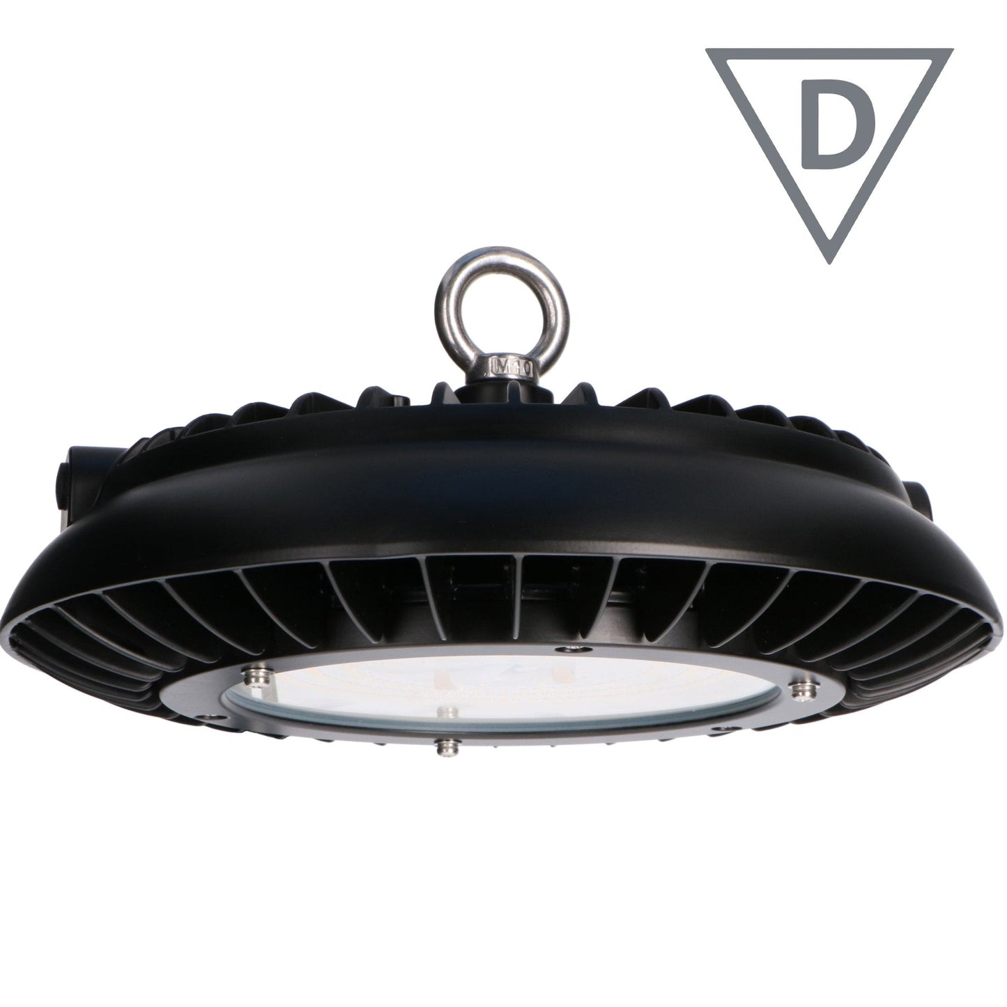 Zwarte, ronde LED-industriele hanglamp met zichtbare koelribben en metalen ophangring. Geschikt voor zware industriële ruimtes en commerciële gebouwen met hoge lichtkracht.