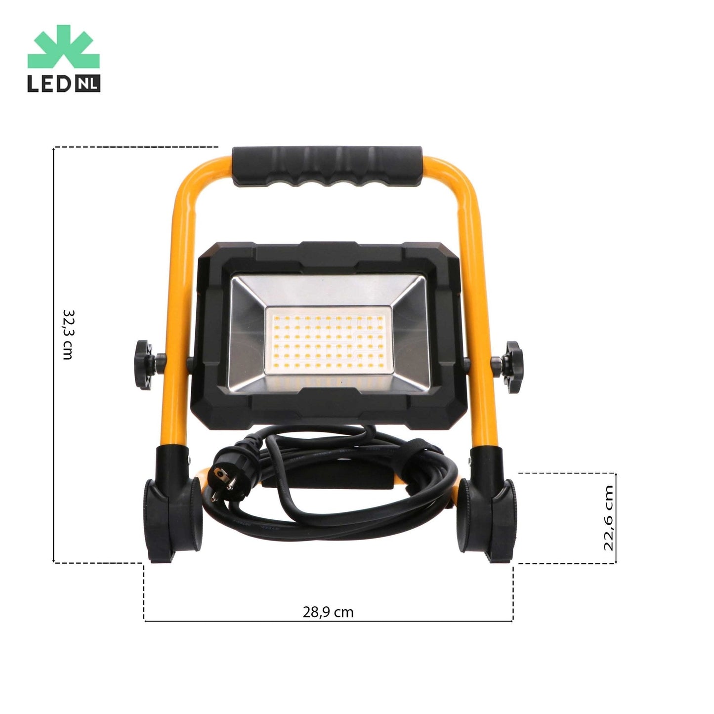Een robuuste, gele en zwarte LED werklamp met verstelbare voeten en handvat, geschikt voor bouw- en reparatiewerkzaamheden. Zichtbare LED-arrays en verstelbare standaard voor optimale verlichting.