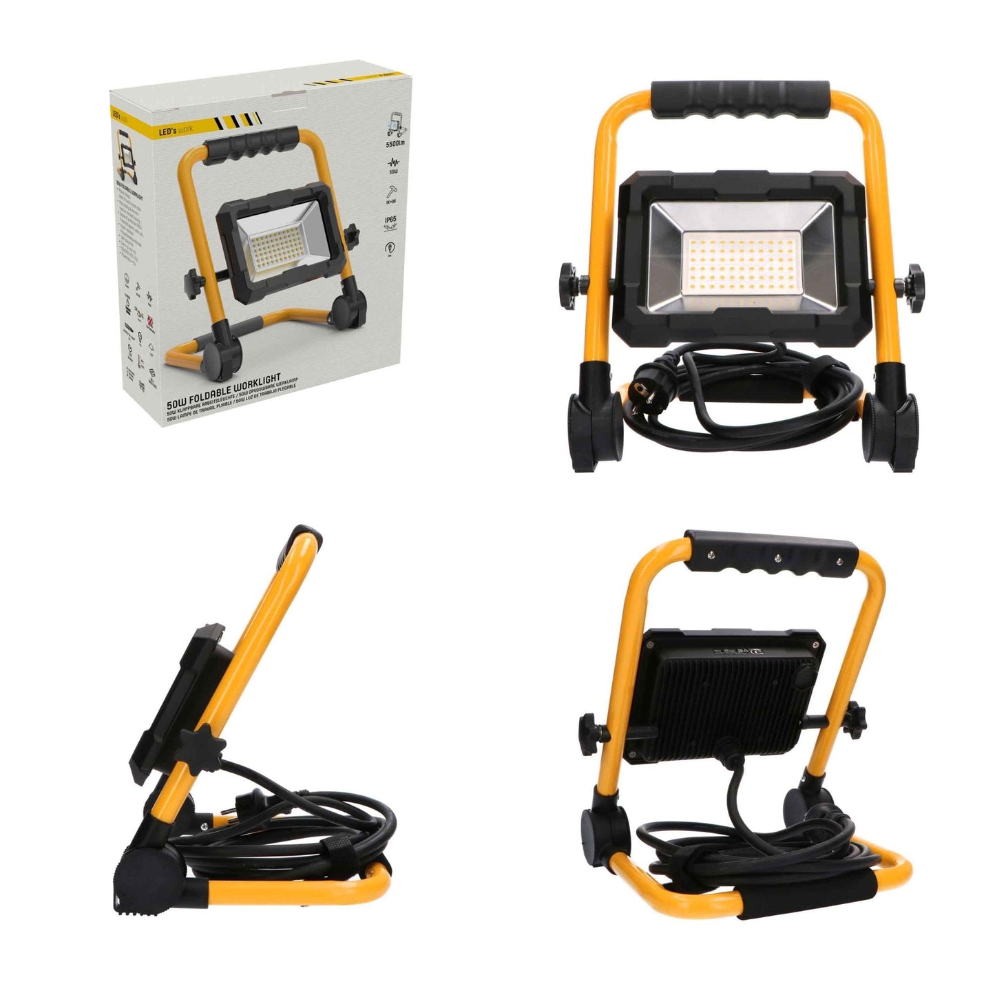 Een robuuste, gele LED werklamp met zwart frame en verstelbare voeten, geschikt voor bouw- en reparatiewerkzaamheden. Zichtbare LED-lichtbron en handvat voor gemakkelijke transport en stabiliteit.