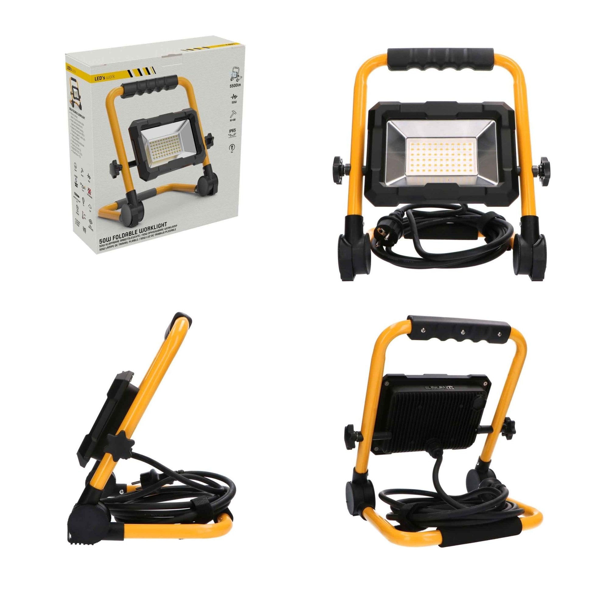 Een robuuste, gele LED werklamp met zwart frame en verstelbare voeten, geschikt voor bouw- en reparatiewerkzaamheden. Zichtbare LED-lichtbron en handvat voor gemakkelijke transport en stabiliteit.