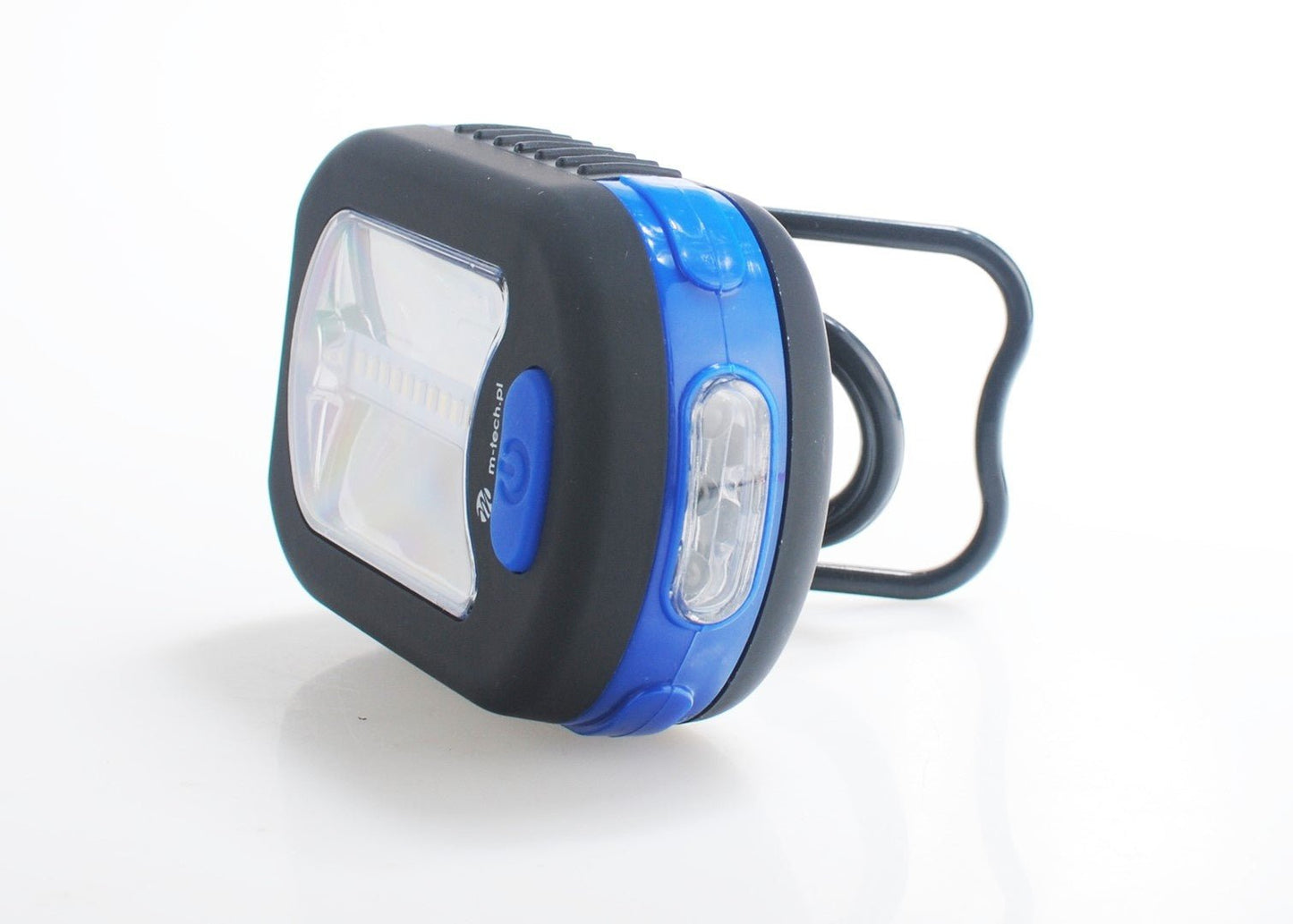 Een compacte, blauw-zwarte LED-lamp met een handige hanger, geschikt voor gebruik in de garage of bij nachtelijke werken. Het apparaat heeft een heldere verlichtingszone en een duidelijk merklogo.