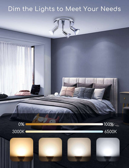 Een witte, moderne GU10-LED-lamp met warm wit licht (3000K-6500K) en CE-keurmerken, bedoeld voor slimme huisautomatisering via smartphone-app.