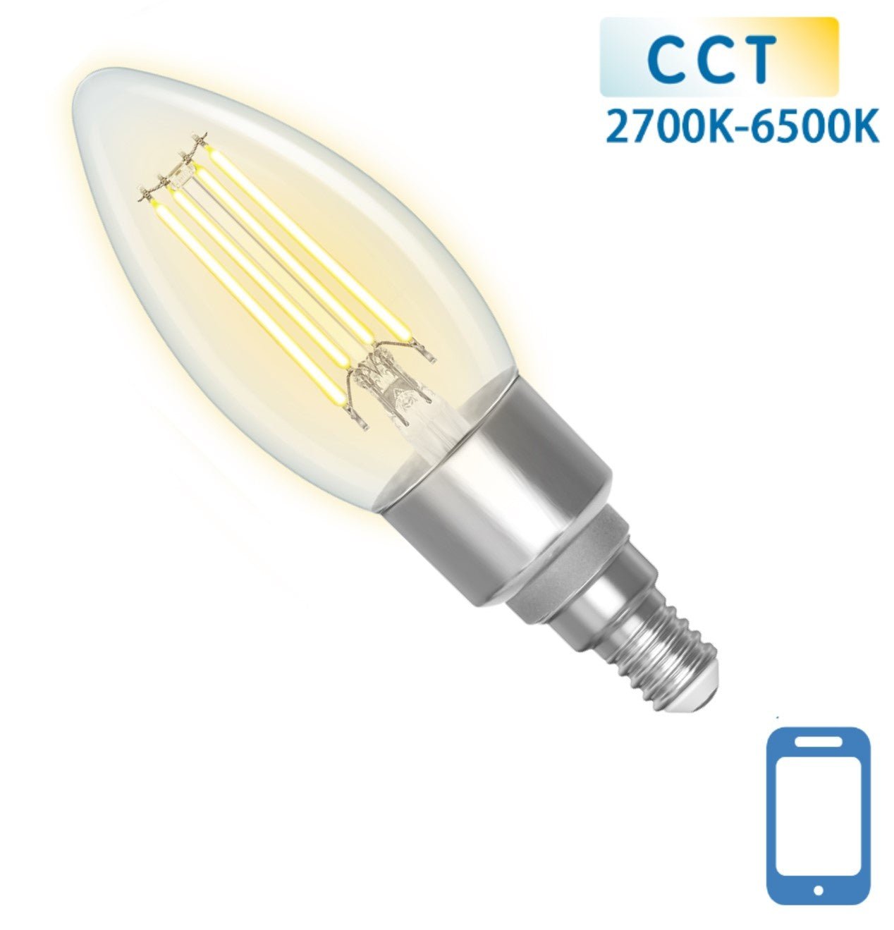Een glazen, kandelaarvormige LED-lamp met zichtbare filamenten en zilverkleurige E14-schroefdraad. Geschikt voor warme tot koele witte lichtkleur, ideaal voor moderne interieurs en mobiele app-gebruik.