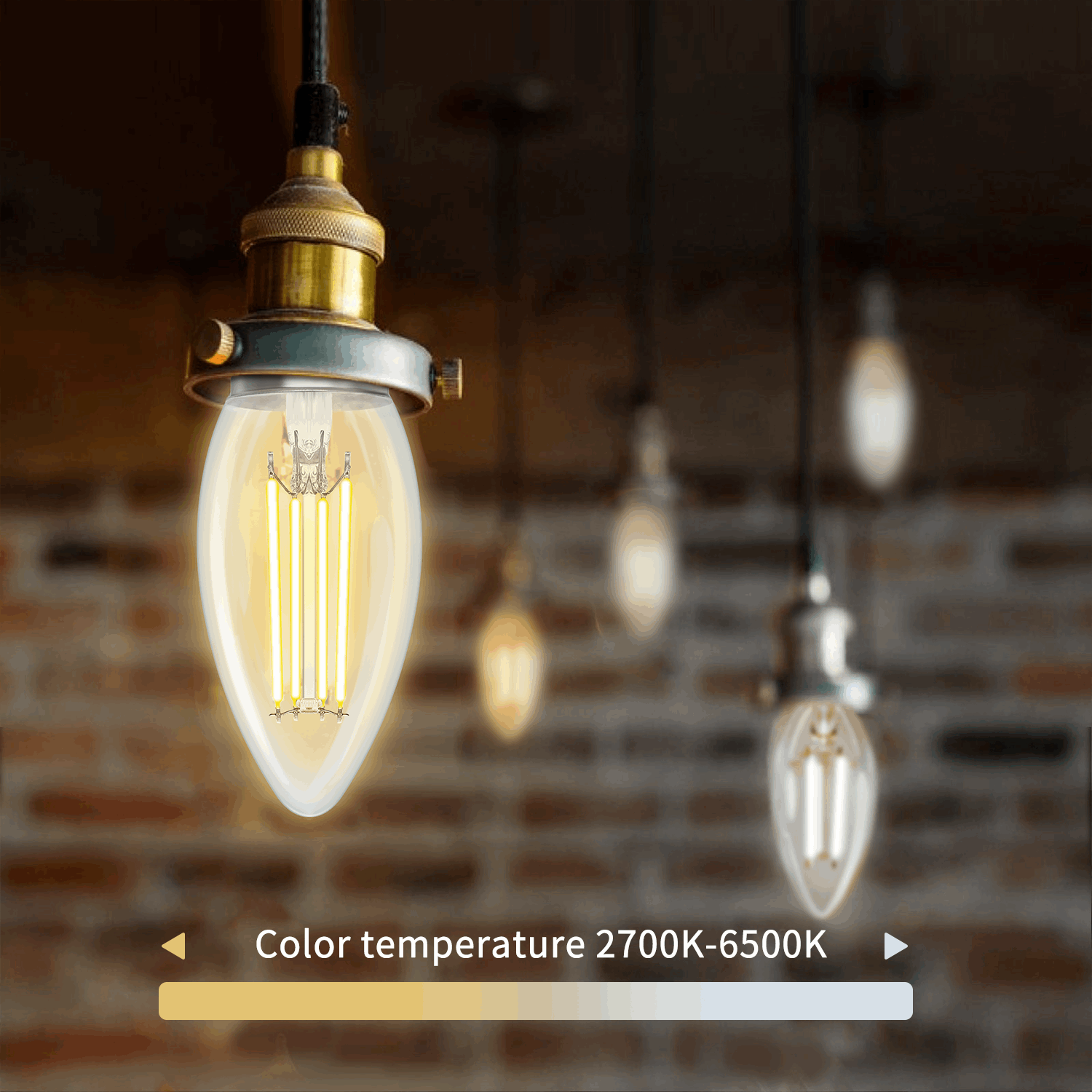 Een glazen, kandelaarvormige LED-lamp met zichtbare filamenten en zilverkleurige E14-schroefdraad. Geschikt voor warme tot koele witte lichtkleur, ideaal voor moderne interieurs en mobiele app-gebruik.
