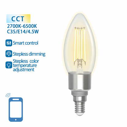 Een glazen, kandelaarvormige LED-lamp met zichtbare filamenten en zilverkleurige E14-schroefdraad. Geschikt voor warme tot koele witte lichtkleur, ideaal voor moderne interieurs en mobiele app-gebruik.